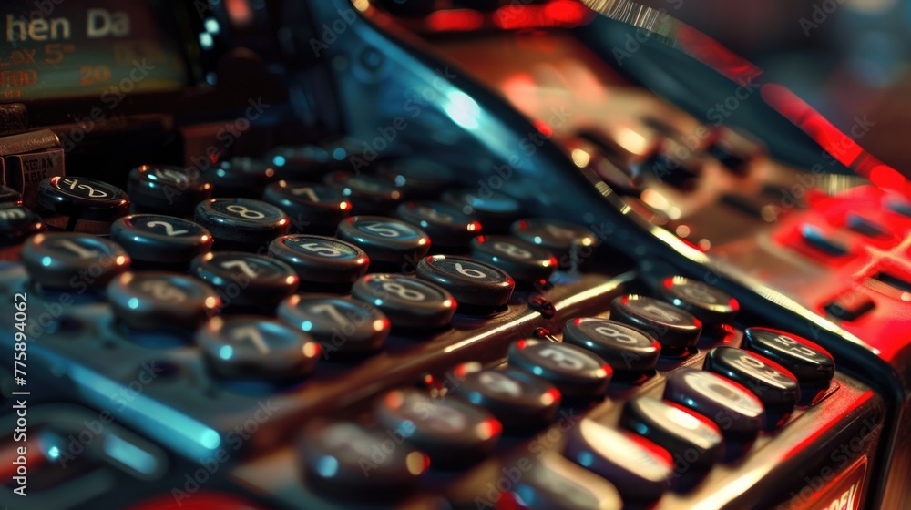 Poster Close up of a calculator on a table. Suitable for finance and accounting concepts