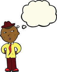 cartoon man wearing hat with thought bubble
