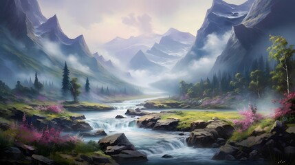 Beautiful panoramic view of a mountain river in the morning - obrazy, fototapety, plakaty