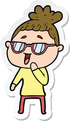 sticker of a cartoon happy woman wearing spectacles