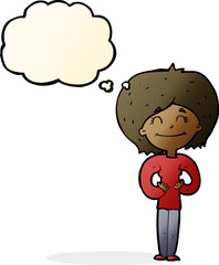 cartoon happy woman with thought bubble