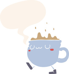 cartoon coffee cup walking with speech bubble in retro style