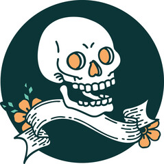 tattoo style icon with banner of a skull