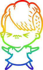 rainbow gradient line drawing of a cartoon annoyed hipster girl
