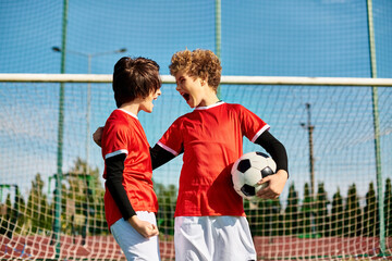 Two young men, standing closely together, holding a soccer ball. They appear focused and ready for...