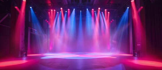A stage with red and blue lights and a circular stage - obrazy, fototapety, plakaty