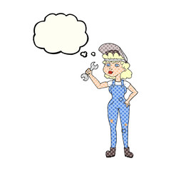 freehand drawn thought bubble cartoon woman with spanner