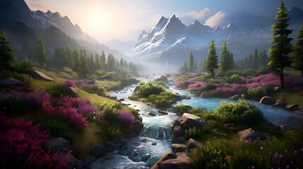 Beautiful spring landscape with mountain river and forest. Panorama.