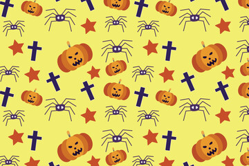 Naklejka premium Seamless texture Halloween in cartoon style. Pumpkin, Skull, chocolate, Spider, Bat. flat vector illustration. 