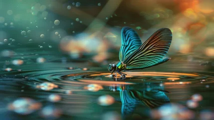 Fotobehang a damselfly as it alights on the surface of a tranquil pond, its iridescent wings catching the ripples of the water below. © Shaheen