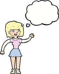 cartoon girl waving with thought bubble
