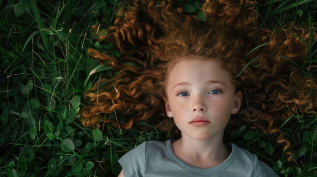 A young girl laying in the grass with her hair blowing in the wind. Suitable for lifestyle or nature concepts
