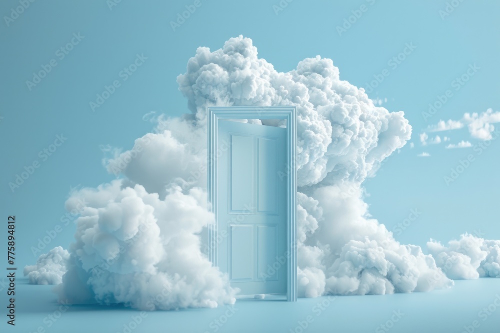 Poster a mysterious open door surrounded by clouds, against a blue sky. ideal for illustrating concepts of 