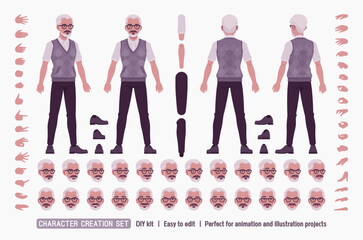 Retired old active senior man, classic outfit DIY character creation set. Elderly grandfather body figure parts. Head, leg, hand gestures, different emotions, construction kit. Vector illustration