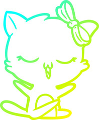 cold gradient line drawing of a cartoon cat with bow on head