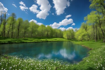 Fototapeta premium Spring, forest, beautiful blue sky