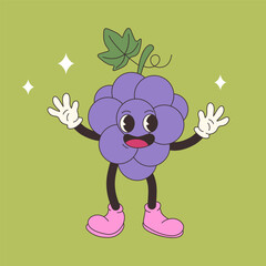 Funny cartoon grape. Hand draw Funny Retro vintage trendy style grape cartoon character illustration. Doodle Comic collection	
