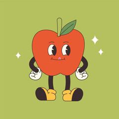 Funny cartoon apple. Hand draw Funny Retro vintage trendy style apple cartoon character illustration. Doodle Comic collection	
