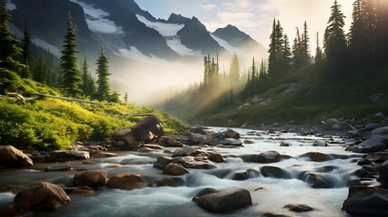 Mountain river in the morning mist. Panoramic view.