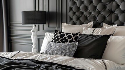 stylish bedroom interior design with black and white pillows on bed