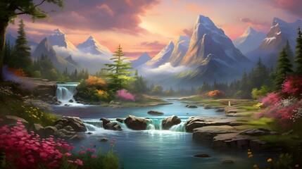 Beautiful panoramic landscape with a mountain river and forest at sunset
