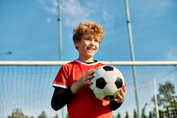 A young boy stands in front of a soccer goal, holding a soccer ball with a determined expression. He is positioned for a kick, showcasing his love for the sport and his readiness to score a goal.