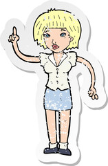 retro distressed sticker of a cartoon woman with idea