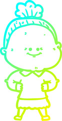 cold gradient line drawing of a cartoon happy old woman