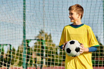 A young boy stands confidently in front of a goal, soccer ball in hand, envisioning his victory. His gaze is fixed on the net, determination in his eyes.