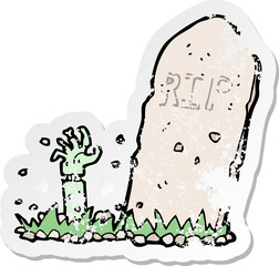 retro distressed sticker of a cartoon zombie rising from grave