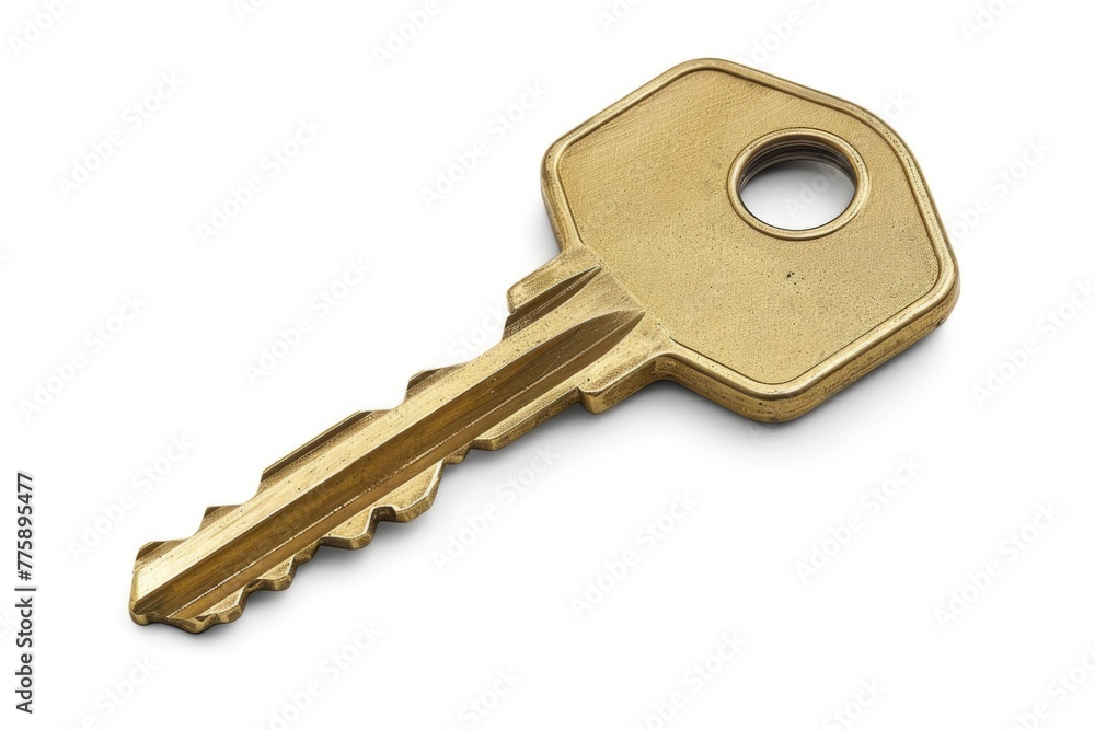 Poster A shiny golden key lying on a plain white surface. Ideal for security or access concepts