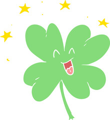happy flat color style cartoon four leaf clover