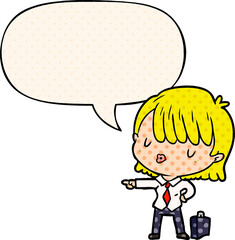 cartoon efficient businesswoman giving orders with speech bubble in comic book style