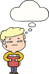 cartoon anxious boy carrying book with thought bubble