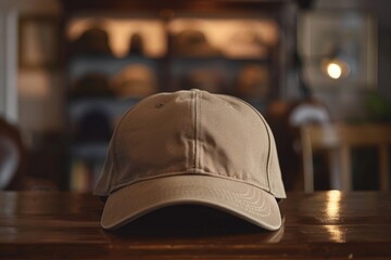 A baseball cap placed on a wooden table. Suitable for sports or fashion themes - obrazy, fototapety, plakaty