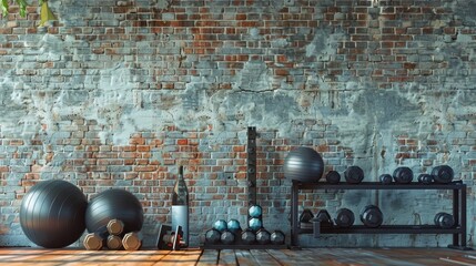 A gym room with a brick wall and exercise balls. Suitable for fitness and health-related designs