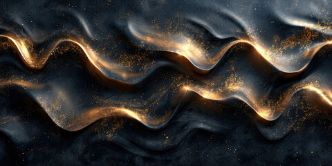 Golden metallic swirls dancing on a dark matte surface, producing a hypnotic and textured blend with an opulent sheen - obrazy, fototapety, plakaty