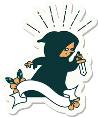 sticker of a tattoo style assassin with knife