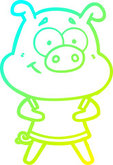 cold gradient line drawing of a happy cartoon pig