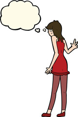 cartoon woman waving with thought bubble