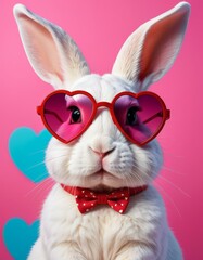 A charming image of an adorable white bunny wearing heart-shaped sunglasses and a red bow tie against a pink background with heart accents