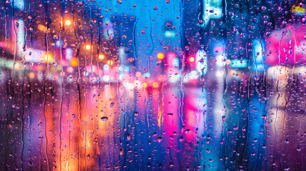 A rain shower transforms a city street into a canvas of reflected neon lights, each droplet a miniature prism, adding a surreal, magical dimension to the urban scenery - obrazy, fototapety, plakaty