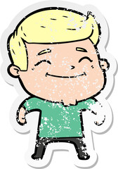 distressed sticker of a happy cartoon man