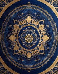 An intricately designed golden mandala dominates the image, presenting a detailed pattern against a rich blue background, symbolizing meditation and harmony