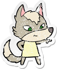 distressed sticker of a friendly cartoon wolf