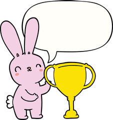 cute cartoon rabbit with sports trophy cup with speech bubble