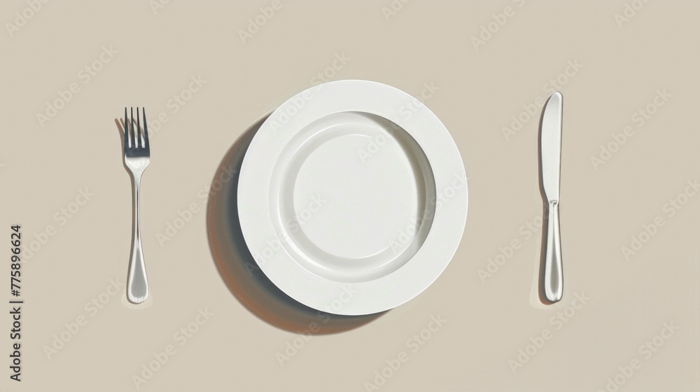 Poster a simple white plate with a fork and knife. great for food-related projects