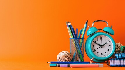 a classic alarm clock and colorful school supplies on a lively tangerine background.
