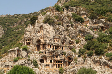 The rock hewn, rock cut lycian tombs at the ancient site of Myra, close to Demre, Turkey