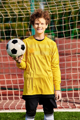 A young man stands in front of a goal, holding a soccer ball in his hands, ready to take a shot, with determination in his eyes.